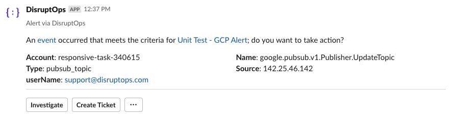 An alert for a GCP event delivered to Slack